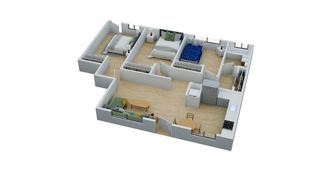 A 3D floor plan of a house with a kitchen, living room, and bedrooms.
